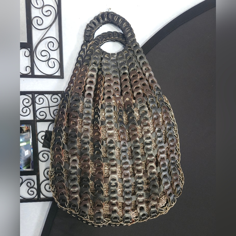 Vintage Leather Link Black Brown Lined Tote Bag Purse
